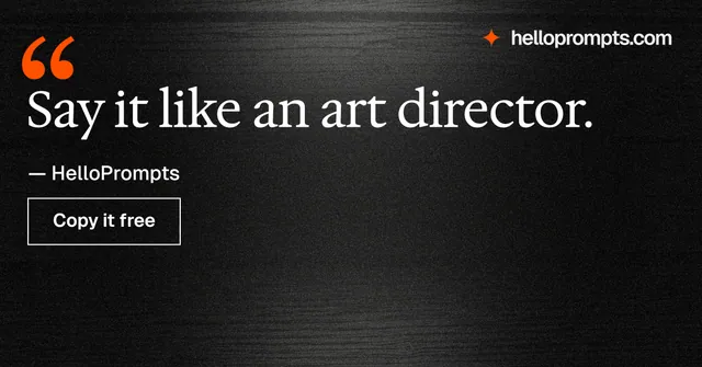 Social ad for HelloPrompts: "Say it like an art director." Dark deco style, quote layout, dark palette in black, grey.
