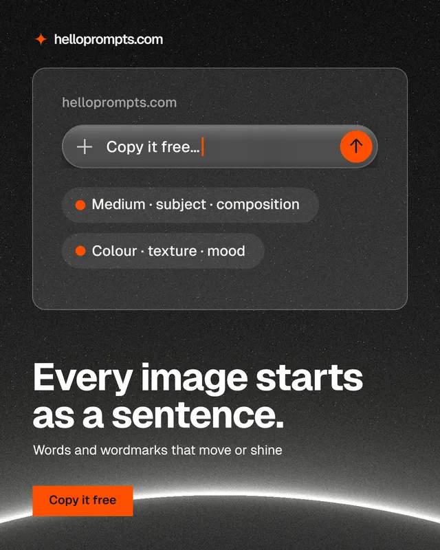 Instagram portrait post for HelloPrompts: "Every image starts as a sentence." Swiss style, bottom layout, dark palette in black, grey.