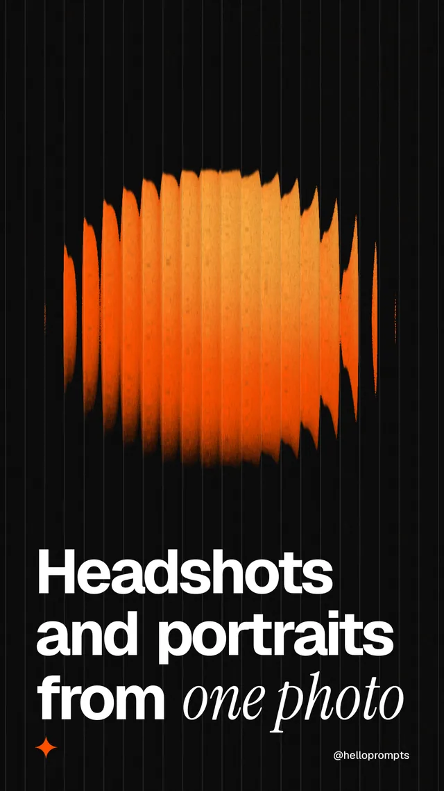 Instagram story for HelloPrompts: "Headshots and portraits from one photo". Auto 9x16 style, technique:shader field layout, dark palette in black, brown.