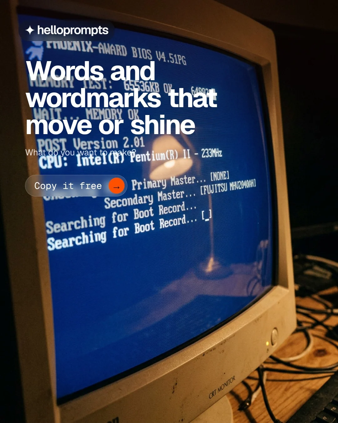Video for HelloPrompts: "Words and wordmarks that move or shine". Doc motion loop, 7.0 s, dark palette.