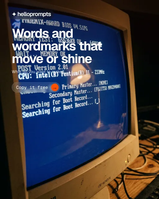 Video for HelloPrompts: "Words and wordmarks that move or shine". Doc motion loop, 7.0 s, dark palette.