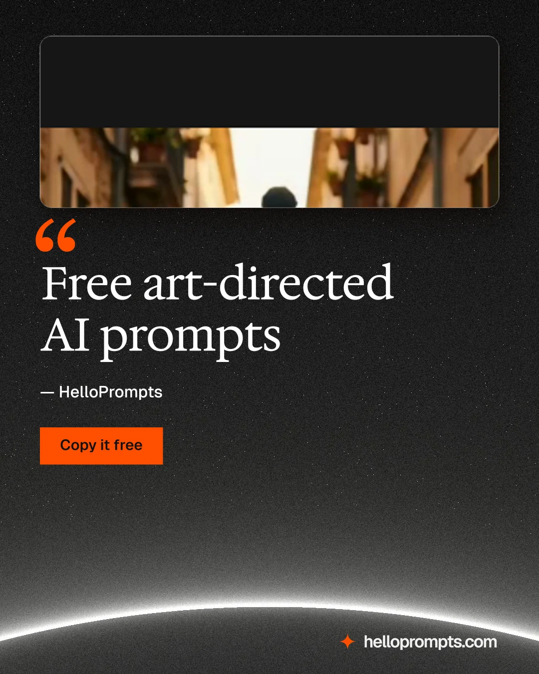 Instagram portrait post for HelloPrompts: "Free art-directed AI prompts". Swiss style, quote layout, dark palette in black, grey.