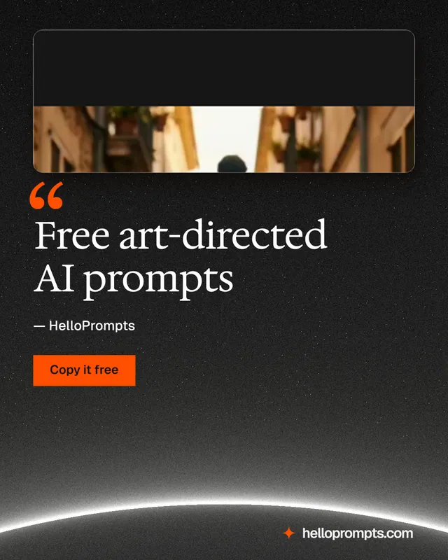 Instagram portrait post for HelloPrompts: "Free art-directed AI prompts". Swiss style, quote layout, dark palette in black, grey.