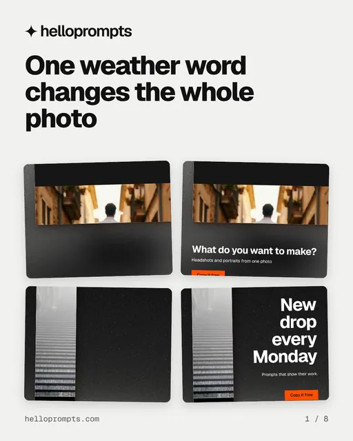 Carousel for HelloPrompts: "One weather word changes the whole photo". Collection carousel, 8 slides, light palette.
