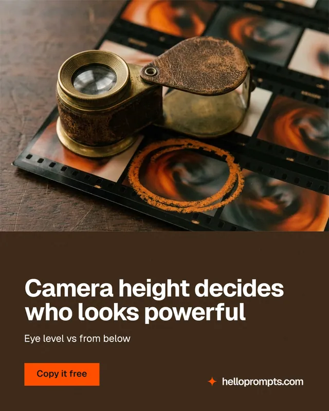 Instagram portrait post for HelloPrompts: "Camera height decides who looks powerful". Swiss style, bottom layout, dark palette in orange, black, grey.