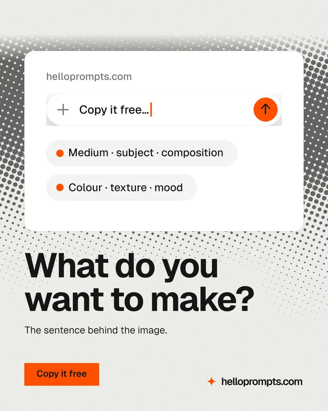 Instagram portrait post for HelloPrompts: "What do you want to make?" Swiss style, bottom layout, light palette in white, grey.