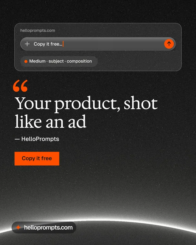 Instagram portrait post for HelloPrompts: "Your product, shot like an ad". Swiss style, quote layout, dark palette in black, grey.