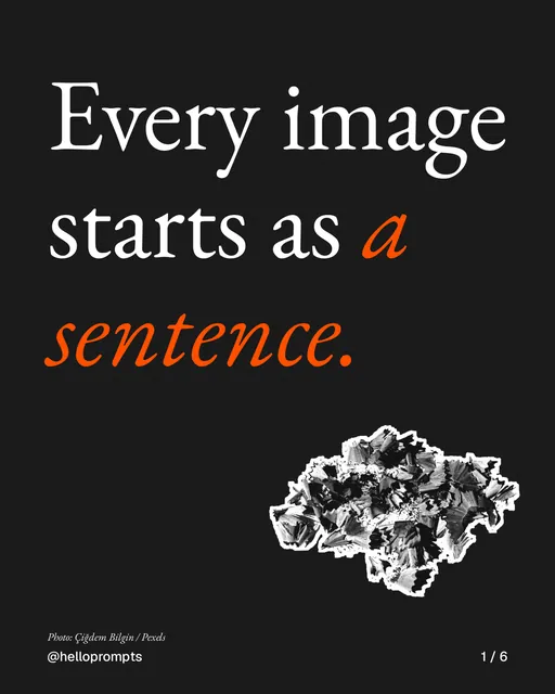 Carousel for HelloPrompts: "Every image starts as a sentence.". Cutout essay, 6 slides, dark palette.
