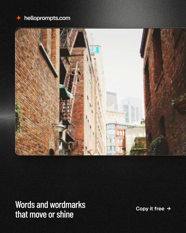Instagram portrait post for HelloPrompts: "Words and wordmarks that move or shine". Dark deco style, image led layout, dark palette in orange, black.