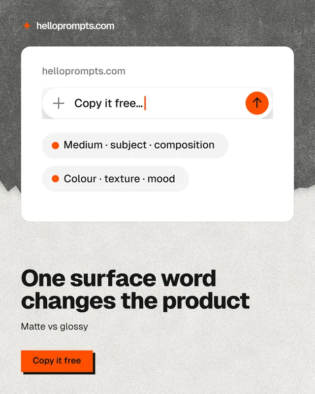 Instagram portrait post for HelloPrompts: "One surface word changes the product". Paper trio style, bottom layout, light palette in white, grey.
