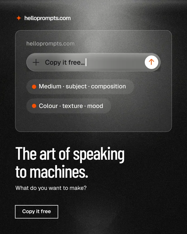 Instagram portrait post for HelloPrompts: "The art of speaking to machines." Dark deco style, bottom layout, dark palette in black, grey.