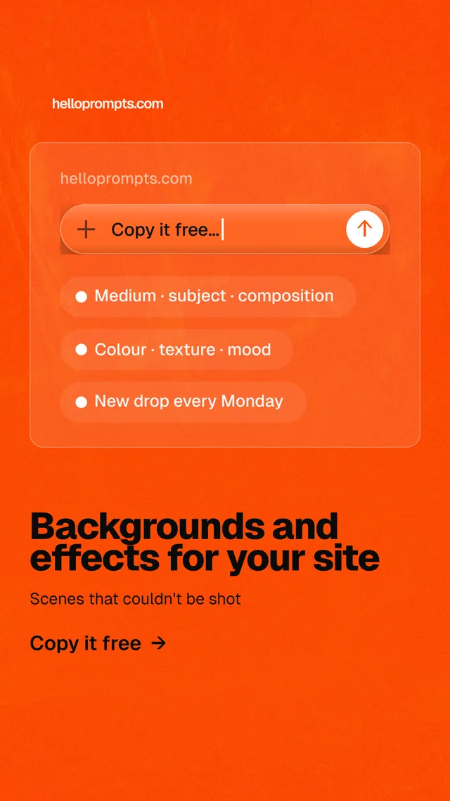 Instagram story for HelloPrompts: "Backgrounds and effects for your site". Turn card style, bottom layout, light palette in orange.