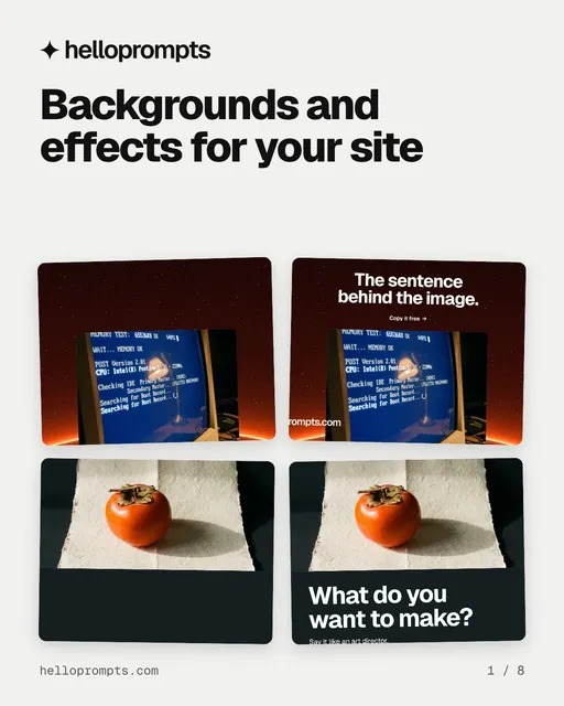 Carousel for HelloPrompts: "Backgrounds and effects for your site". Collection carousel, 8 slides, light palette.