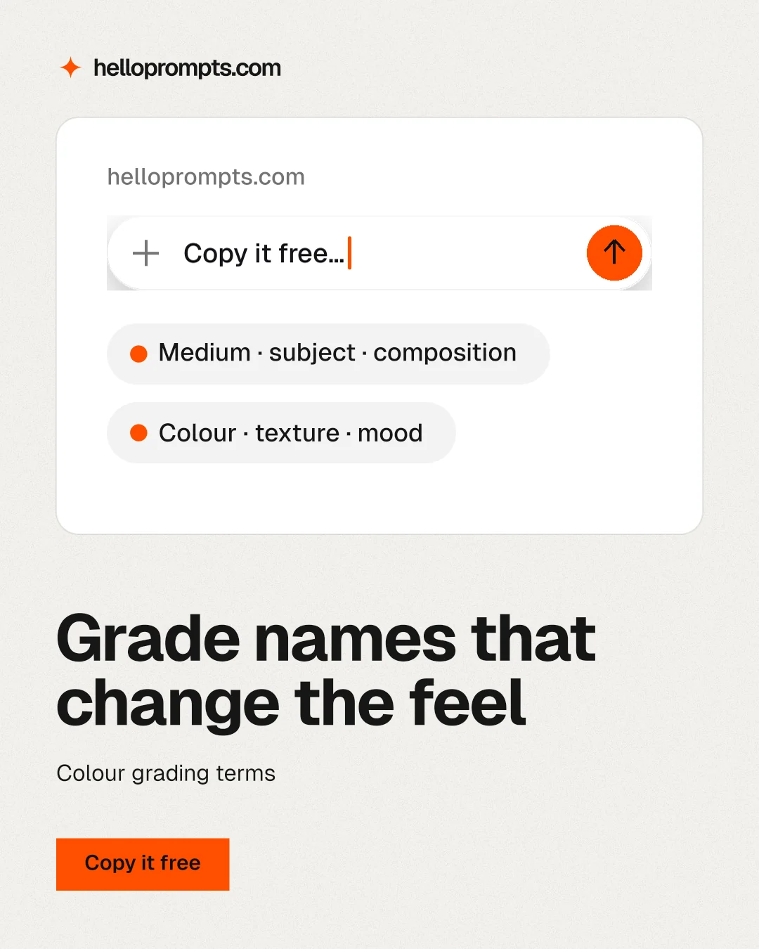 Instagram portrait post for HelloPrompts: "Grade names that change the feel". Swiss style, bottom layout, light palette in white, grey.