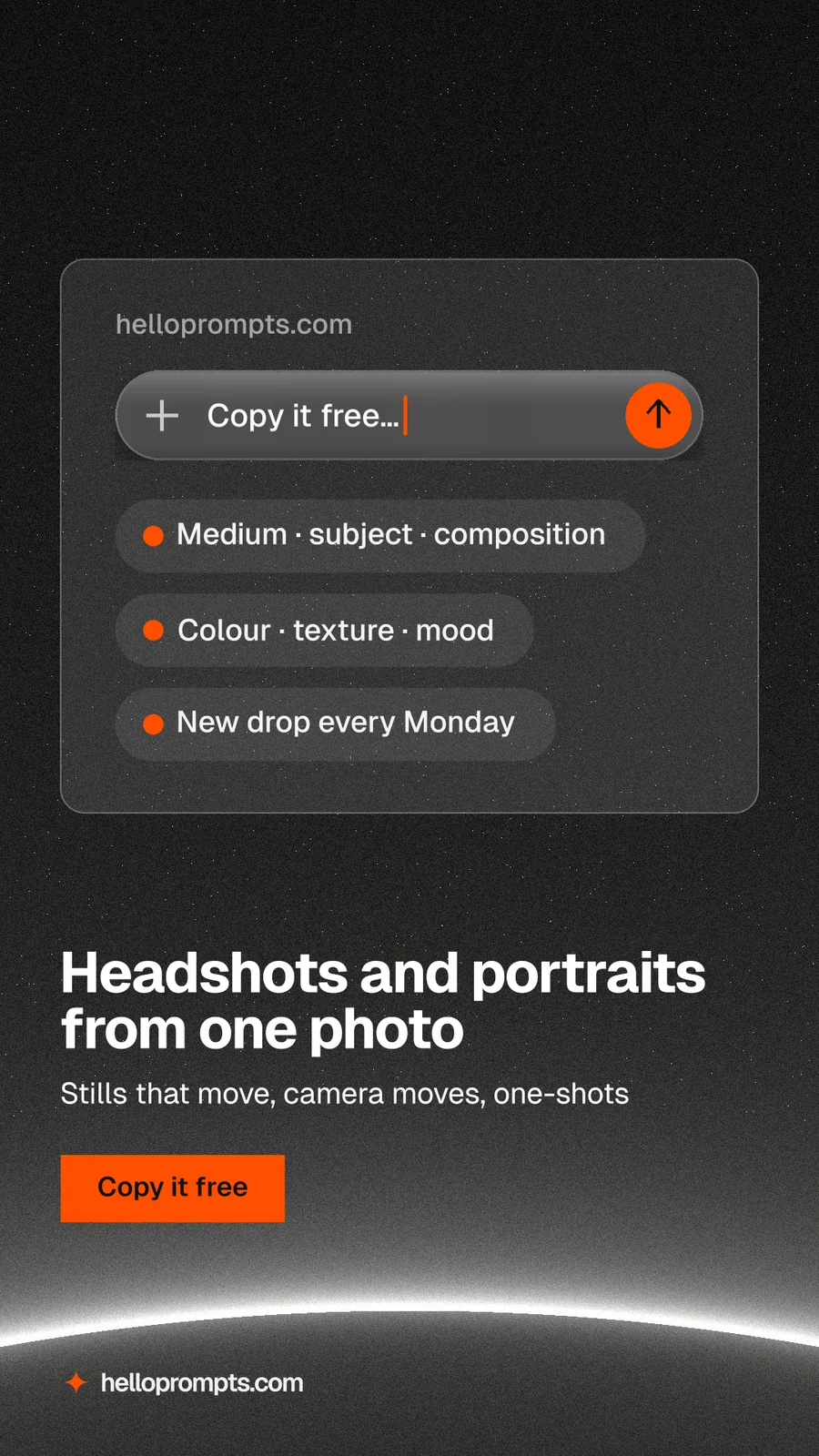 Instagram story for HelloPrompts: "Headshots and portraits from one photo". Swiss style, bottom layout, dark palette in black, grey.