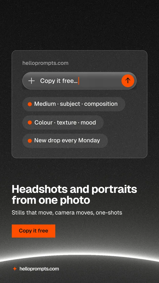 Instagram story for HelloPrompts: "Headshots and portraits from one photo". Swiss style, bottom layout, dark palette in black, grey.