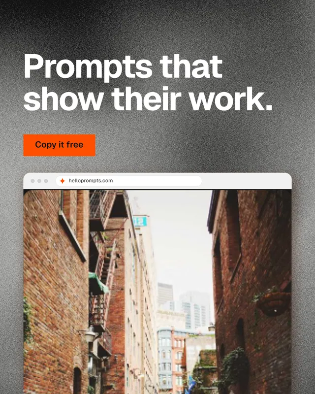 Instagram portrait post for HelloPrompts: "Prompts that show their work." Swiss style, browser layout, light palette in grey, white, black.