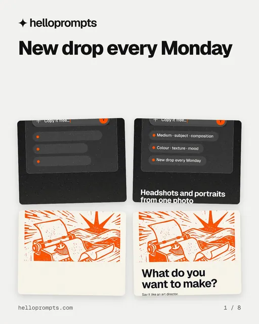 Carousel for HelloPrompts: "New drop every Monday". Collection carousel, 8 slides, light palette.