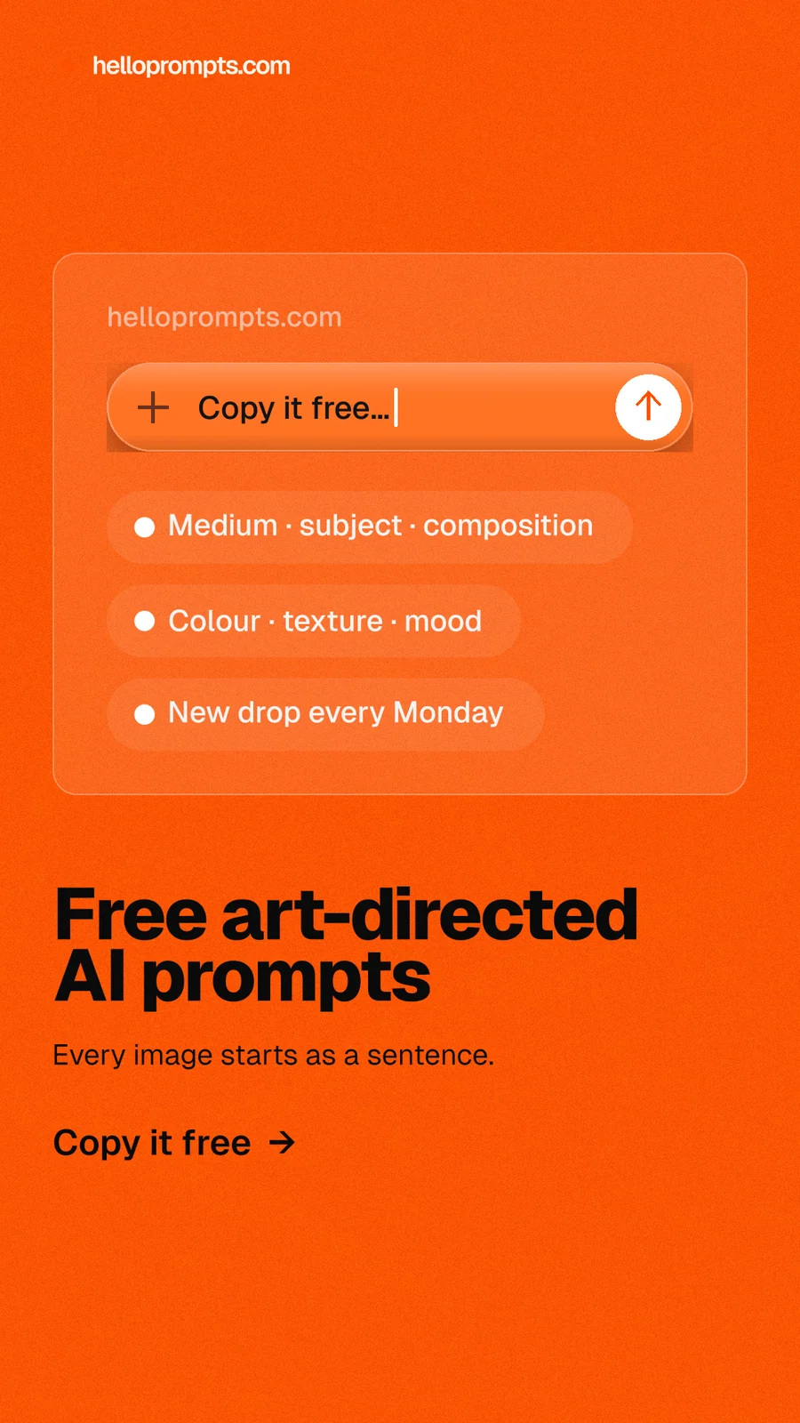 Instagram story for HelloPrompts: "Free art-directed AI prompts". Turn card style, bottom layout, light palette in orange.