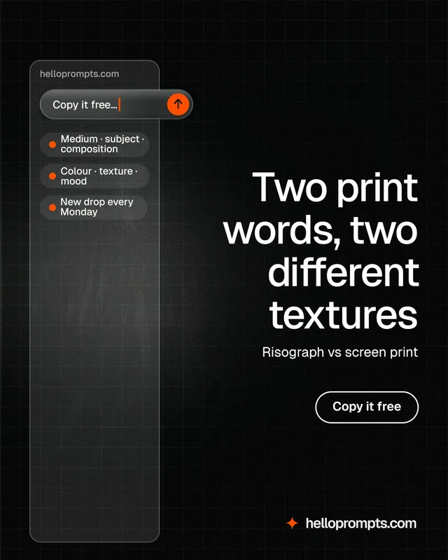 Instagram portrait post for HelloPrompts: "Two print words, two different textures". Phosphor atlas style, right layout, dark palette in black, grey.