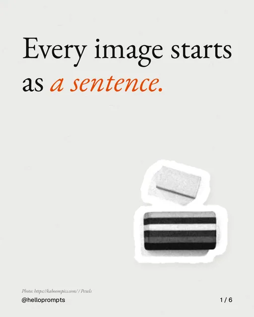 Carousel for HelloPrompts: "Every image starts as a sentence.". Cutout essay, 6 slides, light palette.