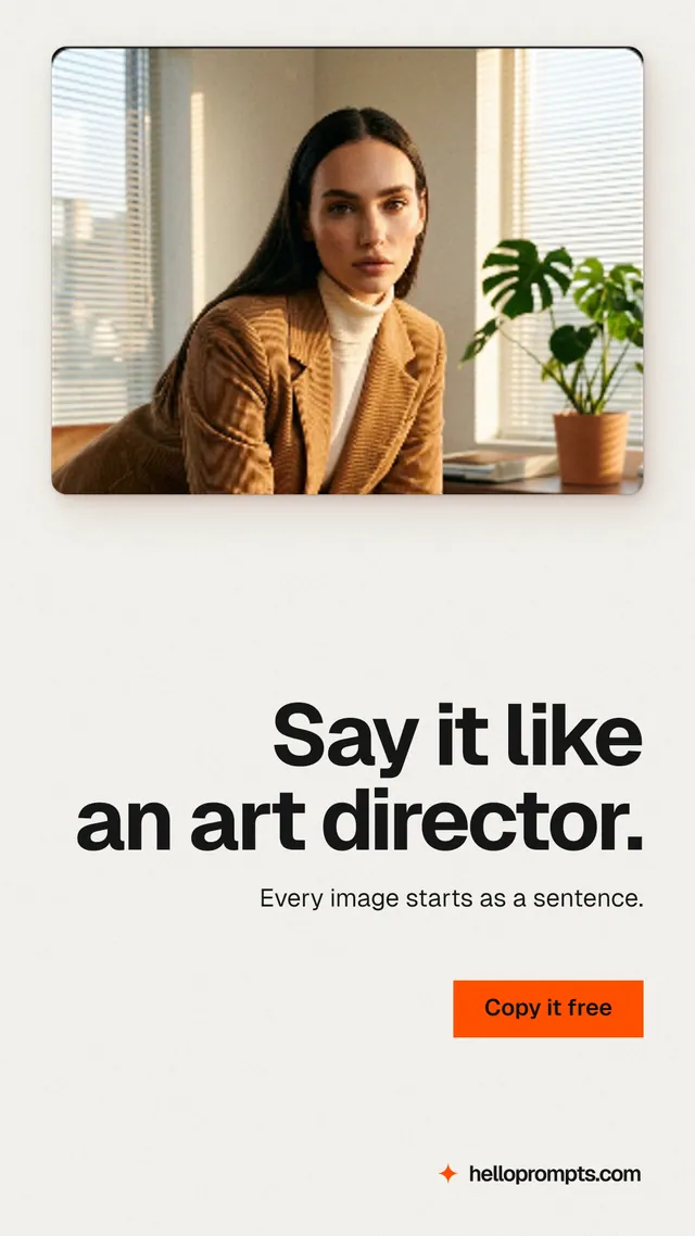 Instagram story for HelloPrompts: "Say it like an art director." Swiss style, right layout, light palette in white, brown, orange.