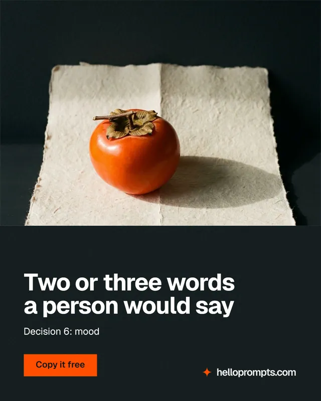 Instagram portrait post for HelloPrompts: "Two or three words a person would say". Swiss style, bottom layout, dark palette in black, yellow, orange.