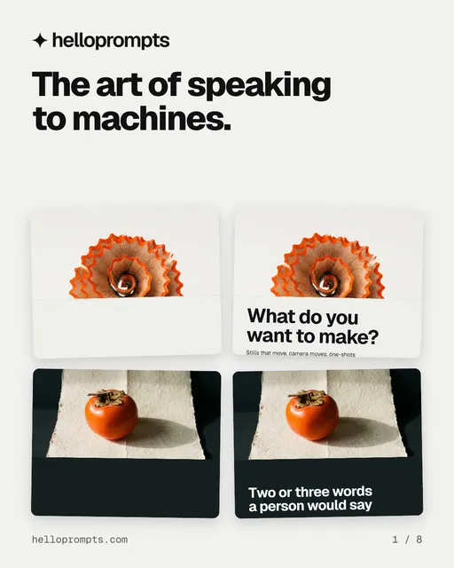 Carousel for HelloPrompts: "The art of speaking to machines.". Collection carousel, 8 slides, light palette.