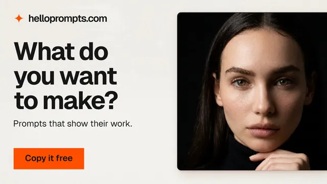 Landscape graphic for HelloPrompts: "What do you want to make?" Swiss style, bottom layout, light palette in black, white, orange.