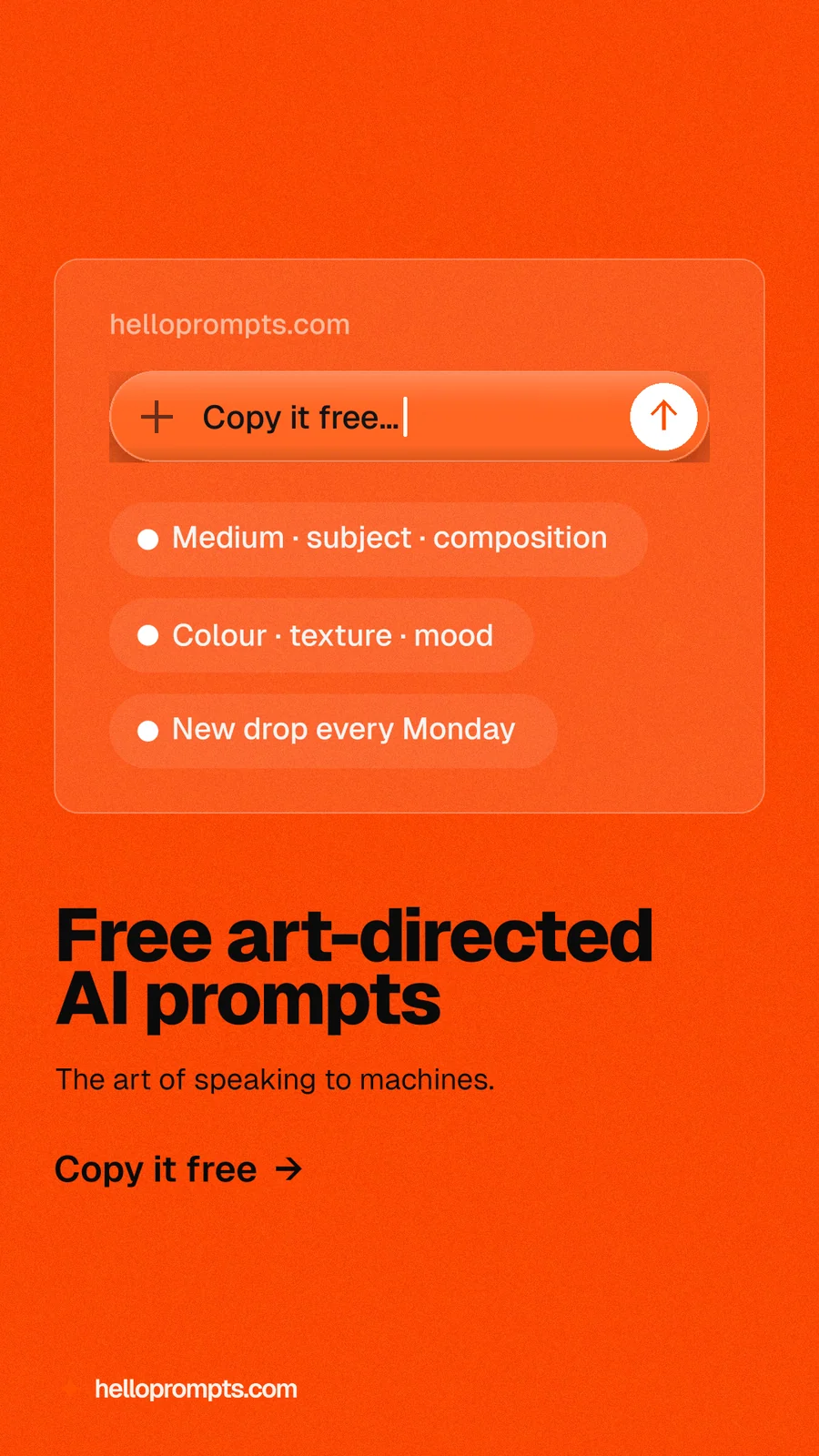 Instagram story for HelloPrompts: "Free art-directed AI prompts". Turn card style, bottom layout, dark palette in orange.