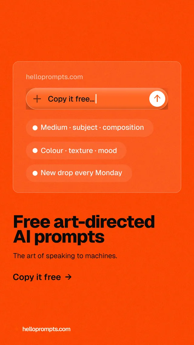Instagram story for HelloPrompts: "Free art-directed AI prompts". Turn card style, bottom layout, dark palette in orange.