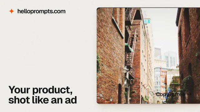 Landscape graphic for HelloPrompts: "Your product, shot like an ad". Swiss style, image led layout, light palette in white, orange.