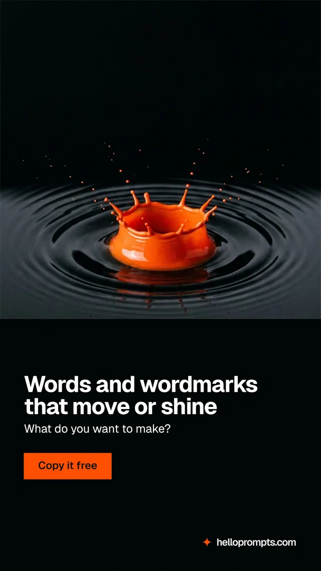 Instagram story for HelloPrompts: "Words and wordmarks that move or shine". Swiss style, bottom layout, dark palette in black, grey.