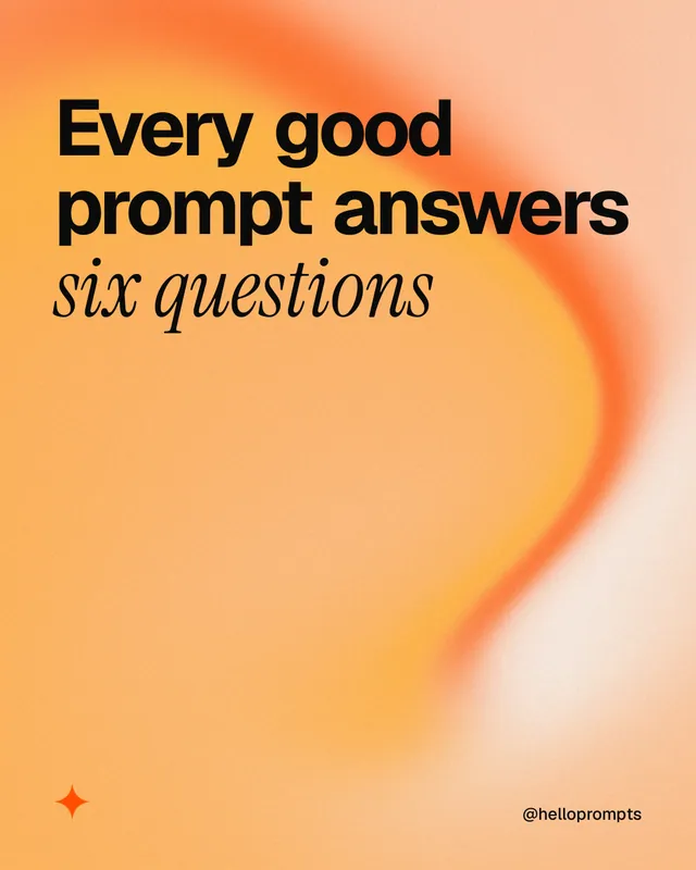 Instagram portrait post for HelloPrompts: "Every good prompt answers six questions". Auto 4x5 style, technique:shader field layout, light palette in orange, brown.