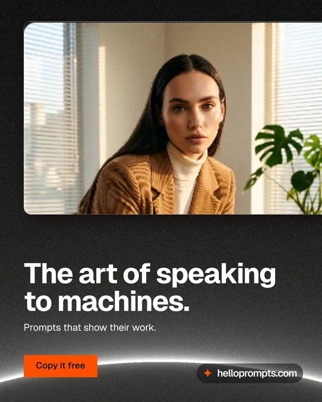 Instagram portrait post for HelloPrompts: "The art of speaking to machines." Swiss style, bottom layout, dark palette in orange, black, grey.