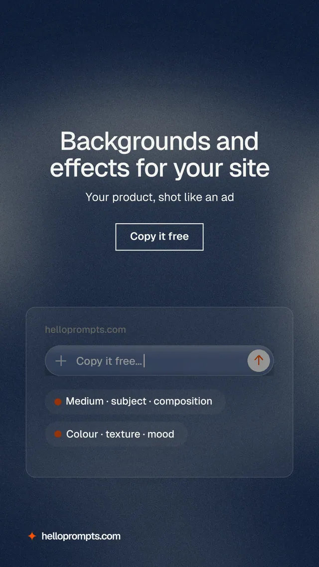 Instagram story for HelloPrompts: "Backgrounds and effects for your site". Cyanotype style, centred layout, dark palette in blue, grey.