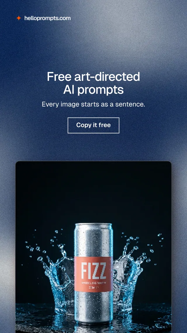 Instagram story for HelloPrompts: "Free art-directed AI prompts". Cyanotype style, centred layout, dark palette in black, blue, grey.