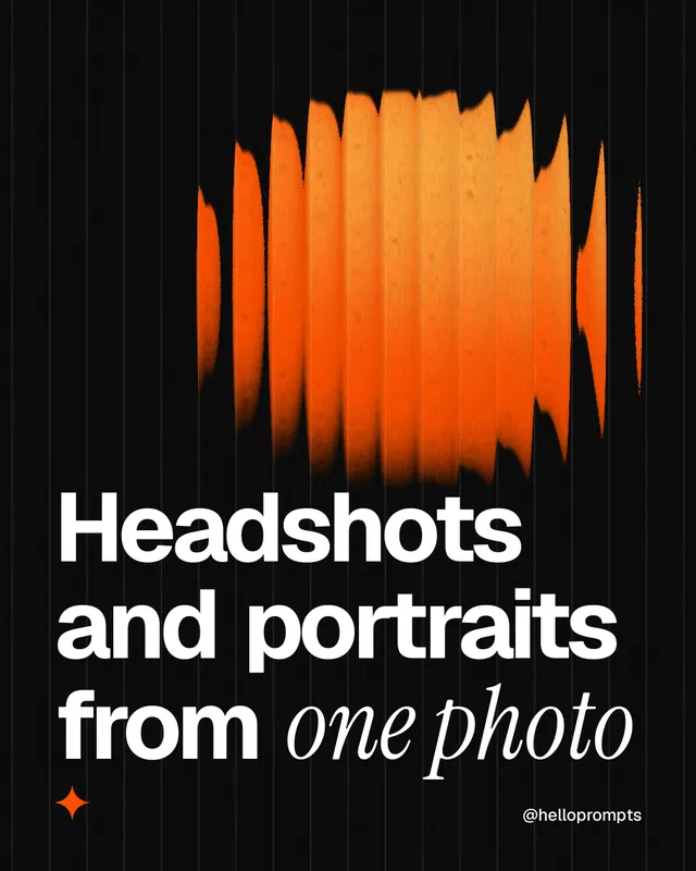 Instagram portrait post for HelloPrompts: "Headshots and portraits from one photo". Auto 4x5 style, technique:shader field layout, dark palette in black, orange.