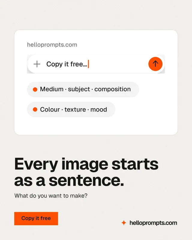 Instagram portrait post for HelloPrompts: "Every image starts as a sentence." Swiss style, bottom layout, light palette in white, grey.