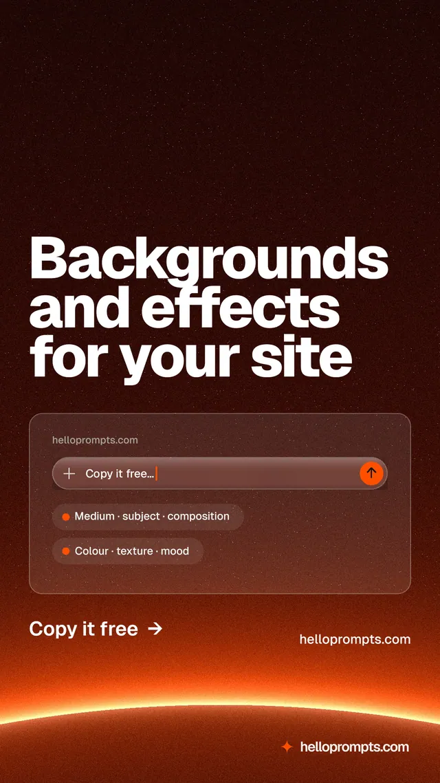 Instagram story for HelloPrompts: "Backgrounds and effects for your site". Turn card style, poster layout, dark palette in red, black, orange.