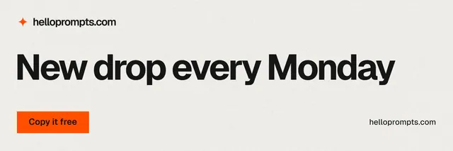 X header for HelloPrompts: "New drop every Monday". Swiss style, poster layout, light palette in white, grey.