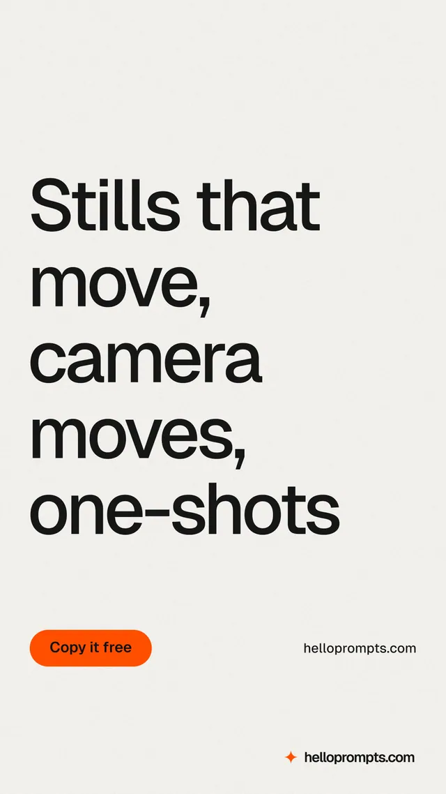 Instagram story for HelloPrompts: "Stills that move, camera moves, one-shots". Data card style, poster layout, light palette in white, grey.