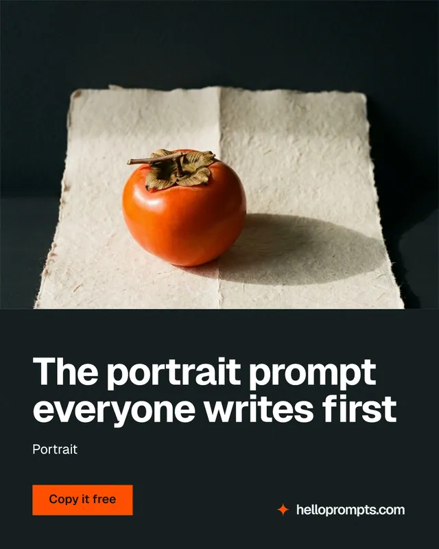 Instagram portrait post for HelloPrompts: "The portrait prompt everyone writes first". Swiss style, bottom layout, dark palette in black, orange, grey.