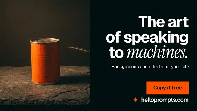 Landscape graphic for HelloPrompts: "The art of speaking to machines." Swiss style, right layout, dark palette in black, orange.