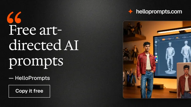 Landscape graphic for HelloPrompts: "Free art-directed AI prompts". Dark deco style, quote layout, dark palette in black, grey, orange.