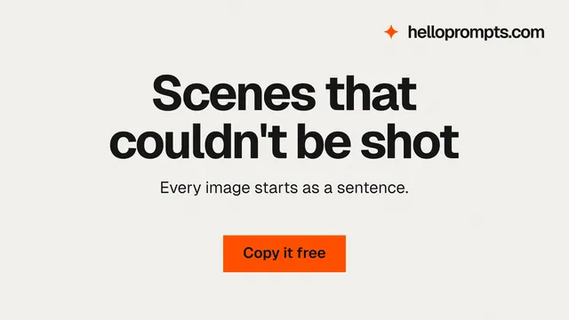 Landscape graphic for HelloPrompts: "Scenes that couldn't be shot". Swiss style, centred layout, light palette in white, grey.