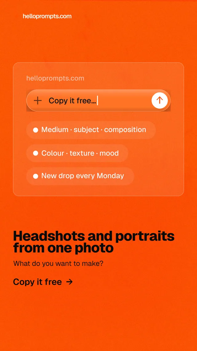 Instagram story for HelloPrompts: "Headshots and portraits from one photo". Turn card style, bottom layout, light palette in orange.