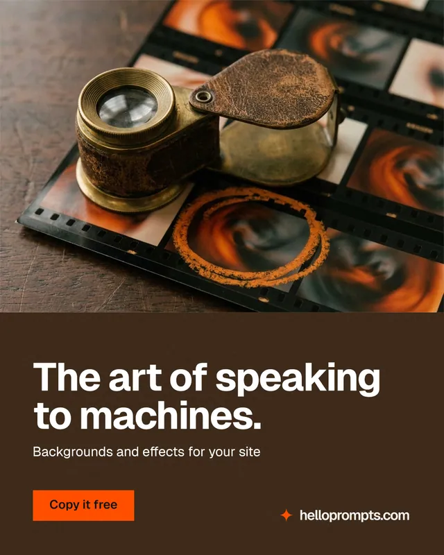 Instagram portrait post for HelloPrompts: "The art of speaking to machines." Swiss style, bottom layout, dark palette in orange, black, grey.