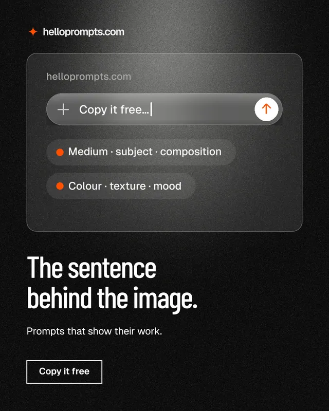 Instagram portrait post for HelloPrompts: "The sentence behind the image." Dark deco style, bottom layout, dark palette in black, grey.