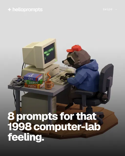 Carousel for HelloPrompts: "8 prompts for that 1998 computer-lab feeling.". Prompt listicle carousel, 10 slides, light palette.